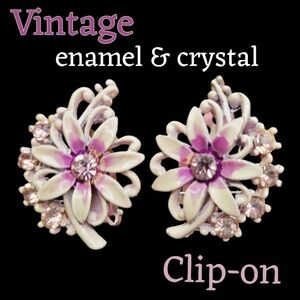 Vintage 1950's enamel & crystal rhinestone ear climber clip-on earrings